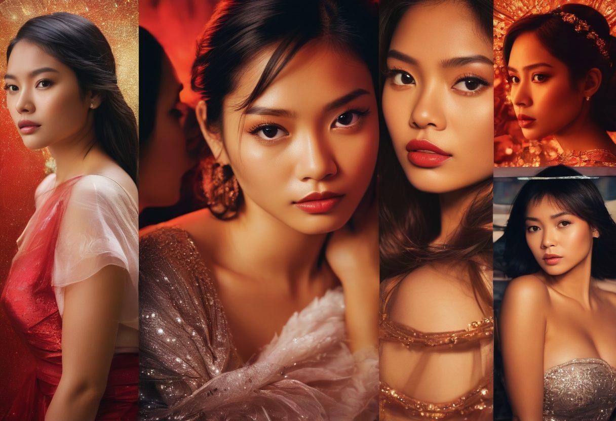 A dramatic collage showcasing the evolution of Filipina stars in adult films, featuring a split composition with the left side displaying intimate moments in soft, romantic lighting, and the right side showcasing glitzy, vibrant imagery capturing their rise to fame. Include elements like film reels, glamorous red carpets, and magazine covers. The background should be a gradient transition from warm to bold colors symbolizing the journey. super-realistic. vibrant colors. cinematic style.