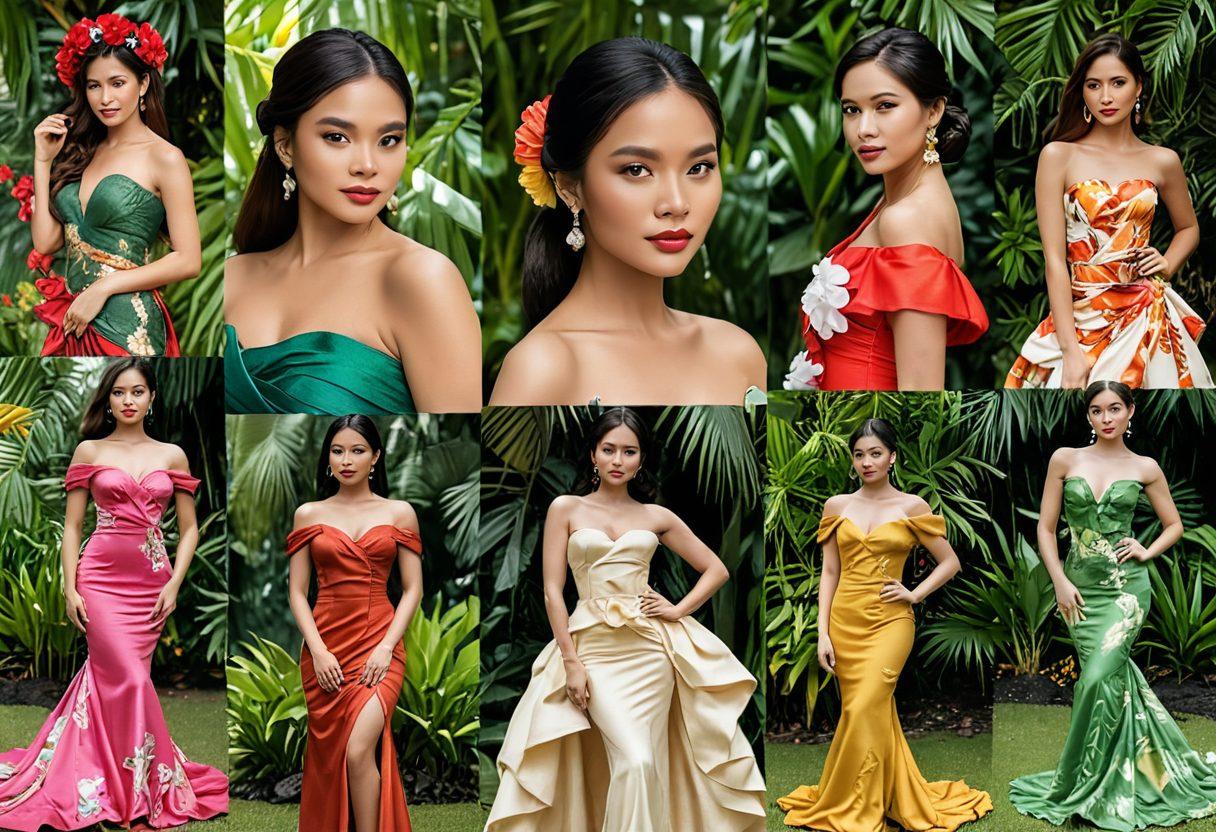 A captivating collage featuring enchanting Filipina actresses in elegant poses, draped in traditional Filipino attire and modern fashion, set against a backdrop of lush tropical landscapes. The scene should exude sensuality and allure, highlighting cultural beauty while subtly incorporating elements of Filipino adult entertainment, such as film reels or silhouettes. Use soft, warm lighting to create an inviting atmosphere. vibrant colors. super-realistic.